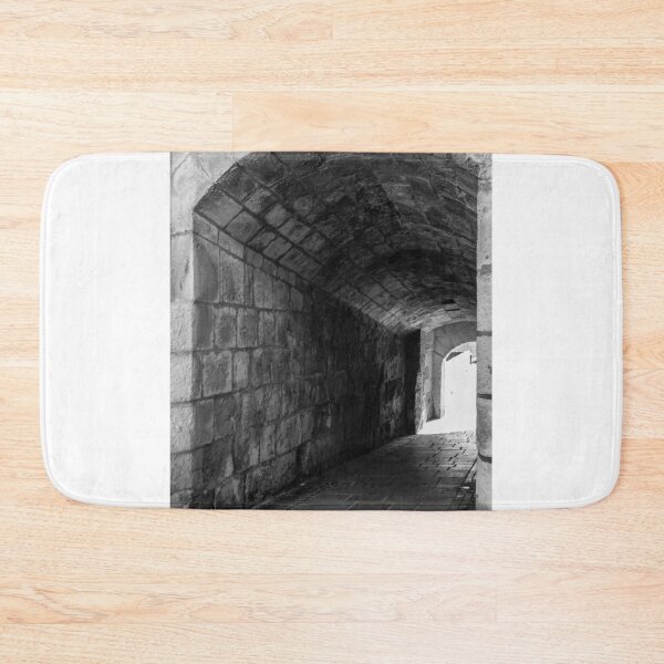 Item preview, Stone Arch Tunnel Passageway in Historic Medieval Corridor, Black And White Architectural Interior designed and sold by Nmallia.