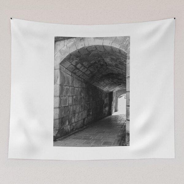 Item preview, Stone Arch Tunnel Passageway in Historic Medieval Corridor, Black And White Architectural Interior designed and sold by Nmallia.