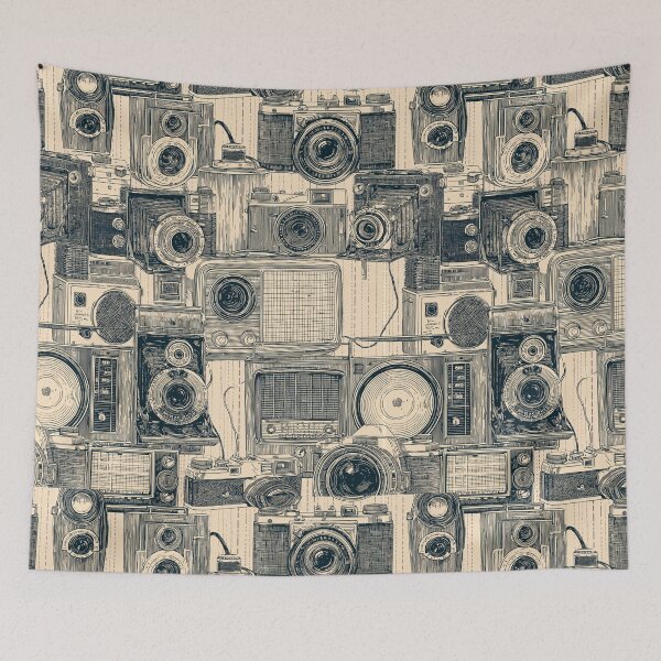 Item preview, Vintage Retro Cameras and Radios Blueprint Pattern Photography Geek designed and sold by VectorForge.