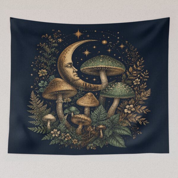 Item preview, Vintage Celestial Crescent Moon Mushrooms Botanical Aesthetic designed and sold by karina360.