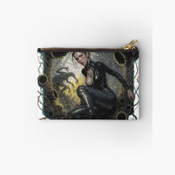 Artikelvorschau, Gothic-Frau in schwarzem Leder hockt als ausgeschnittenes PNG-Bild entworfen und verkauft von Creative88Art.