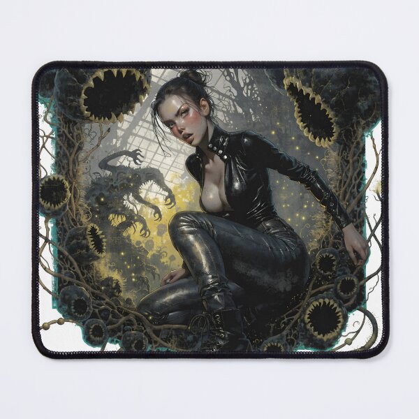 Item preview, Gothic woman in black leather squatting as cut out PNG designed and sold by Creative88Art.