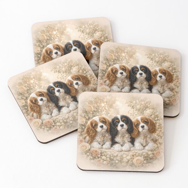 Item preview, Three Cavalier King Charles Spaniel Puppies Together, Tricolor and Blenheim, Cozy Cottage Dog Art designed and sold by ManJiangHong.