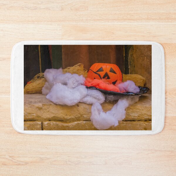 Item preview, Halloween Jack-O-Lantern Candy Bucket With Cotton Cobweb Decoration On Stone Ledge designed and sold by Nmallia.