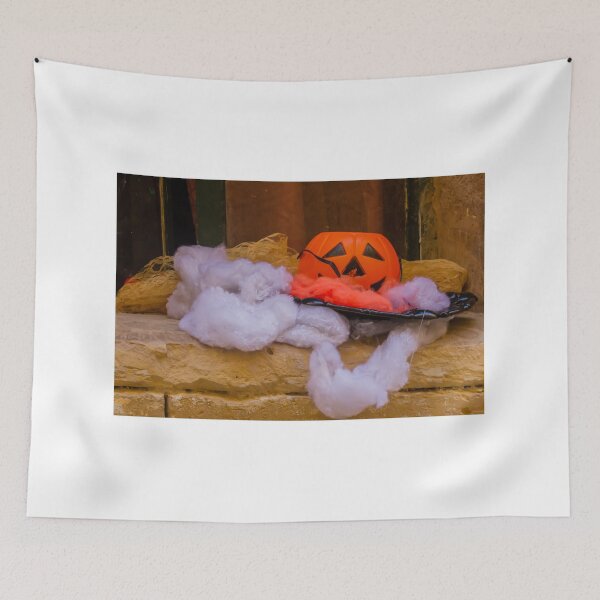Item preview, Halloween Jack-O-Lantern Candy Bucket With Cotton Cobweb Decoration On Stone Ledge designed and sold by Nmallia.