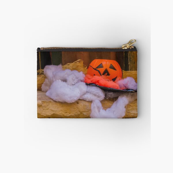 Item preview, Halloween Jack-O-Lantern Candy Bucket With Cotton Cobweb Decoration On Stone Ledge designed and sold by Nmallia.