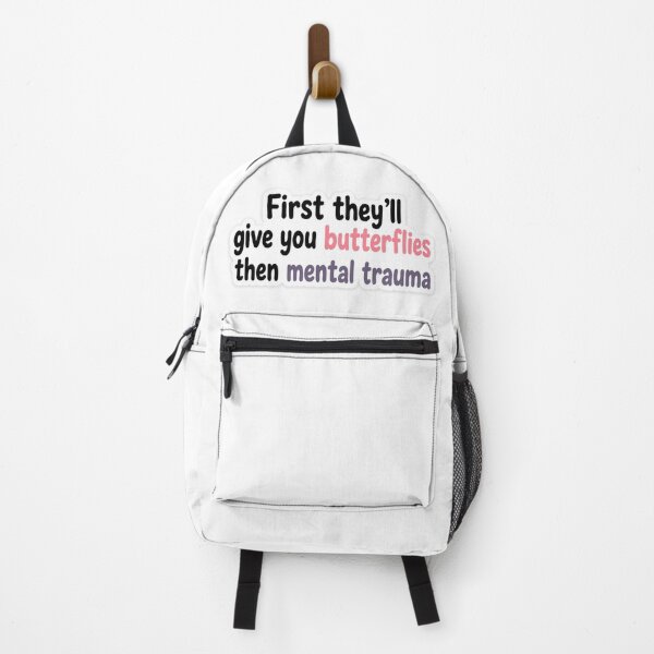 Item preview, First They'll Give You Butterflies Then Mental Trauma Sticker | Funny Relationship Quote | Bold Typography designed and sold by Doodlynx.