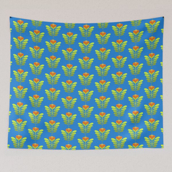 Item preview, Modern orange flowers on blue designed and sold by MarySchwindt.