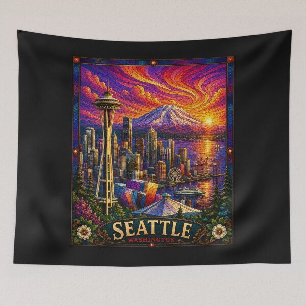 Item preview, Seattle Washington Stained Glass Sunset designed and sold by Swanny's Custom T-shirt and Gift Designs.