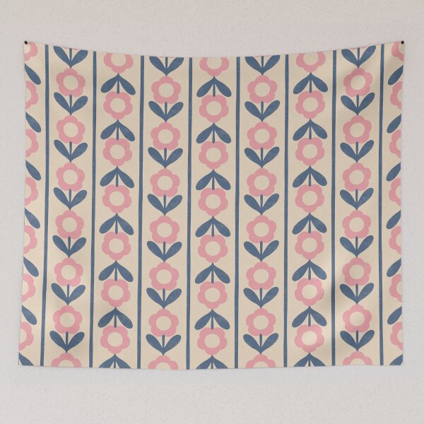 Item preview, Retro Folk Floral Stripe in Pink & Blue designed and sold by Illustrated by Nat.