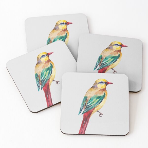 Item preview, A watercolor painting of a colorful bird with a yellow head, green wings, and a red tail  designed and sold by 123ks.