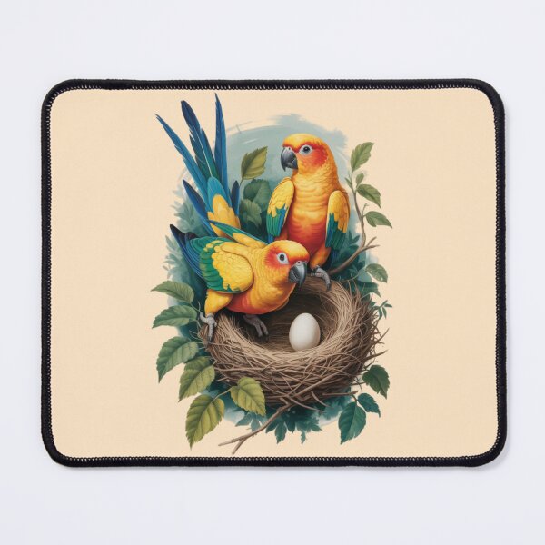 Item preview, two Sun Conure parrots perched on a nest with a single white egg designed and sold by 123ks.