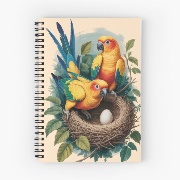 Item preview, two Sun Conure parrots perched on a nest with a single white egg designed and sold by 123ks.