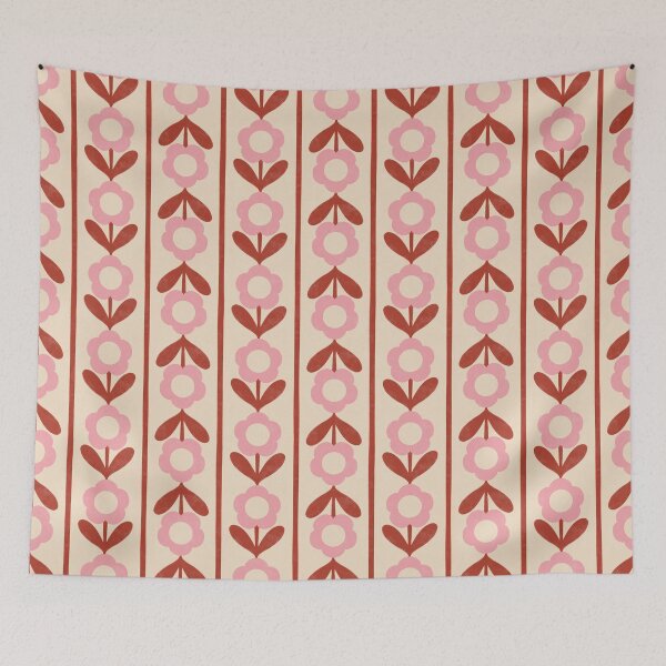 Item preview, Retro Folk Floral Stripe in Pink & Terracotta Red designed and sold by Illustrated by Nat.