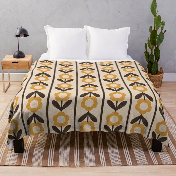 Item preview, Retro Folk Floral Stripe in Ochre & Chocolate Brown designed and sold by Illustrated by Nat.