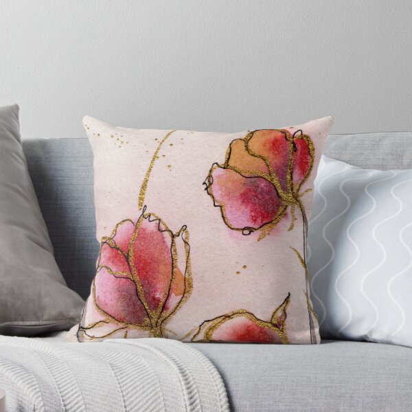 Item preview, Three Pink Blooms with Gold Outlines - Elegant Floral Watercolor Art designed and sold by WaterColorCats1.