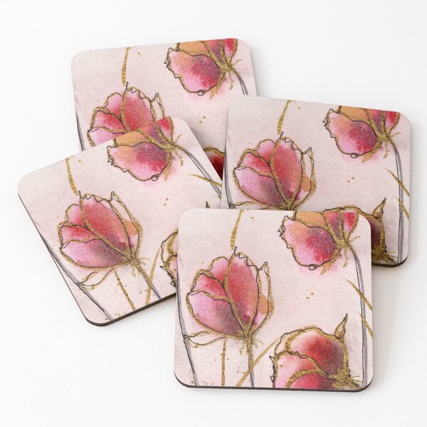 Item preview, Three Pink Blooms with Gold Outlines - Elegant Floral Watercolor Art designed and sold by WaterColorCats1.