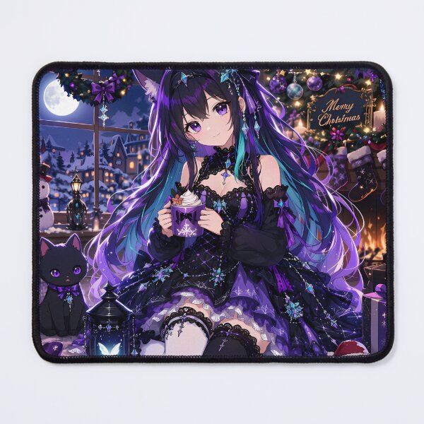 Item preview, Gothic Anime Christmas Girl with Cat – Purple Kawaii Holiday Design designed and sold by Revyra Design .