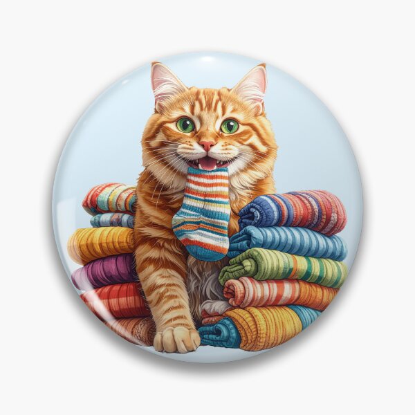 Item preview, Cute Ginger Cat Carrying a Colorful Sock Between Folded Towels Sticker designed and sold by OksArtStudio.