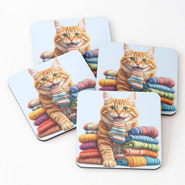 Item preview, Cute Ginger Cat Carrying a Colorful Sock Between Folded Towels Sticker designed and sold by OksArtStudio.