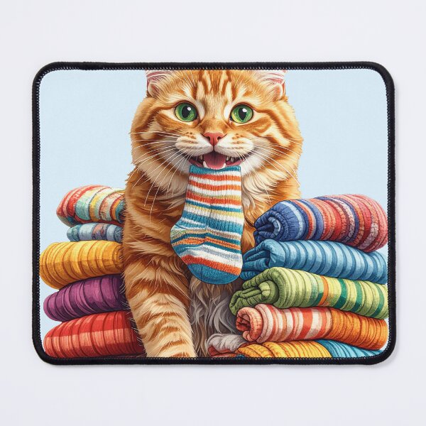 Item preview, Cute Ginger Cat Carrying a Colorful Sock Between Folded Towels Sticker designed and sold by OksArtStudio.