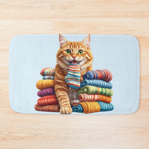 Item preview, Cute Ginger Cat Carrying a Colorful Sock Between Folded Towels Sticker designed and sold by OksArtStudio.
