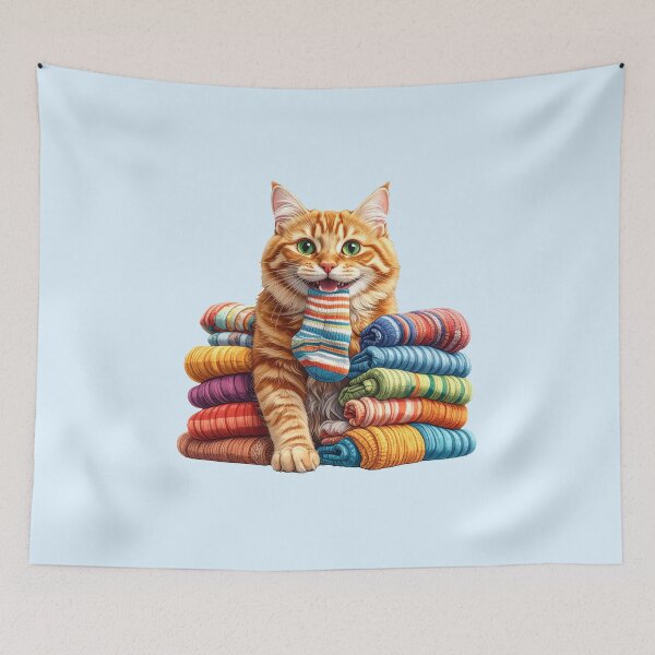 Item preview, Cute Ginger Cat Carrying a Colorful Sock Between Folded Towels Sticker designed and sold by OksArtStudio.