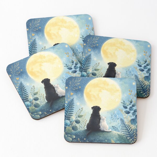 Item preview, Dog and Cat Under the Full Moon | Magical Watercolor Illustration Starry Night designed and sold by Natalia-Vlad.