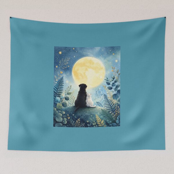 Item preview, Dog and Cat Under the Full Moon | Magical Watercolor Illustration Starry Night designed and sold by Natalia-Vlad.