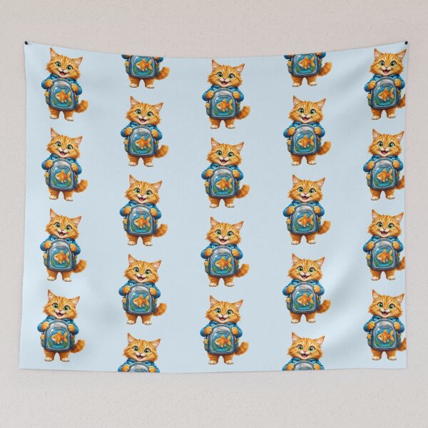 Item preview, Cute Ginger Cat with Goldfish Backpack Back to School Sticker designed and sold by OksArtStudio.