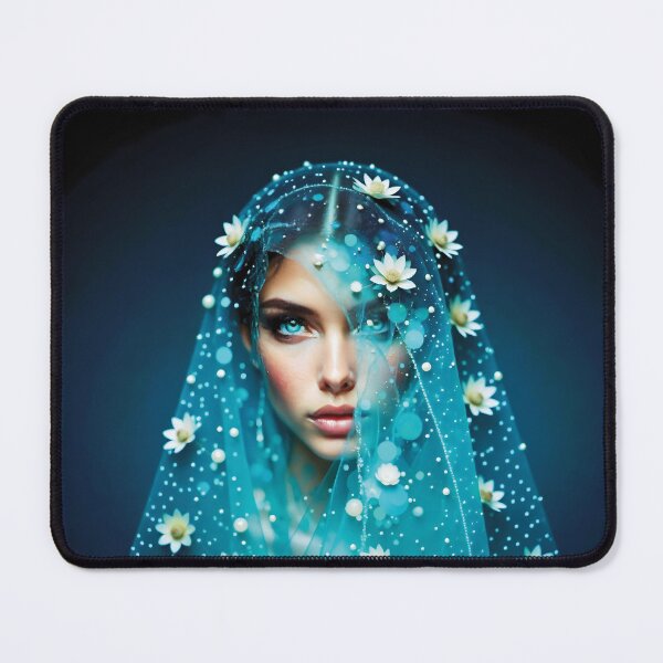 Item preview, Woman's Face with Turquoise Eyes and Blue Fabric designed and sold by Lucia Amaris Art.