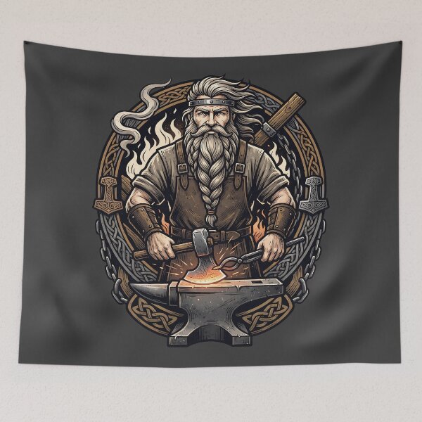 Item preview, Bearded Viking Blacksmith Forging Axe Art designed and sold by MythicCotton.