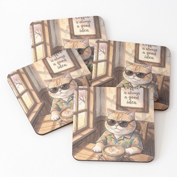Item preview, Cat drinking coffee with sunglasses, cozy watercolor style illustration designed and sold by TheCoolCatsMx.