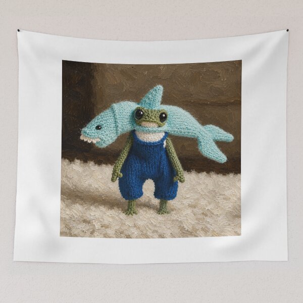 Item preview, grumpy Knit frog in shark hat designed and sold by donchago.