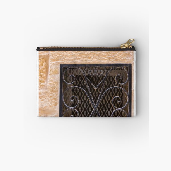 Item preview, Wrought Iron Window Grill Set in Textured Beige Stone Wall, Decorative Mediterranean Architecture Detail designed and sold by Nmallia.