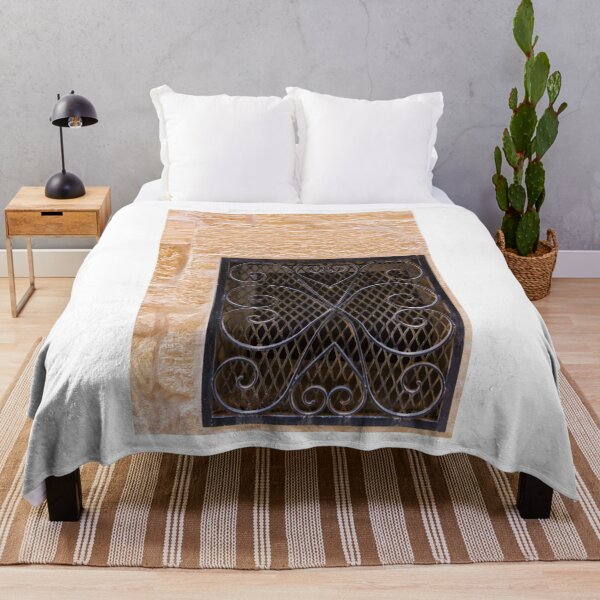 Item preview, Wrought Iron Window Grill Set in Textured Beige Stone Wall, Decorative Mediterranean Architecture Detail designed and sold by Nmallia.