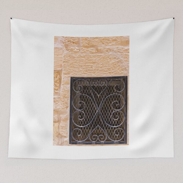 Item preview, Wrought Iron Window Grill Set in Textured Beige Stone Wall, Decorative Mediterranean Architecture Detail designed and sold by Nmallia.