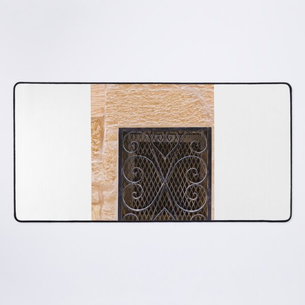Item preview, Wrought Iron Window Grill Set in Textured Beige Stone Wall, Decorative Mediterranean Architecture Detail designed and sold by Nmallia.