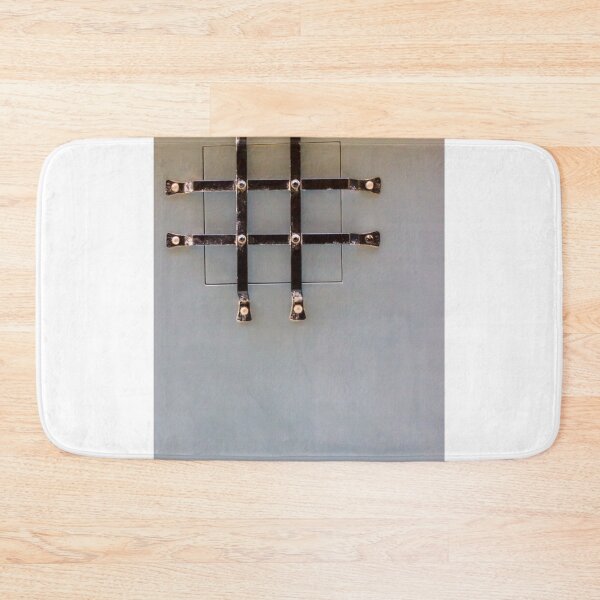 Item preview, Black Metal Grid Hatch On Pale Blue Door With Small Square Access Panel And Weathered Hardware designed and sold by Nmallia.
