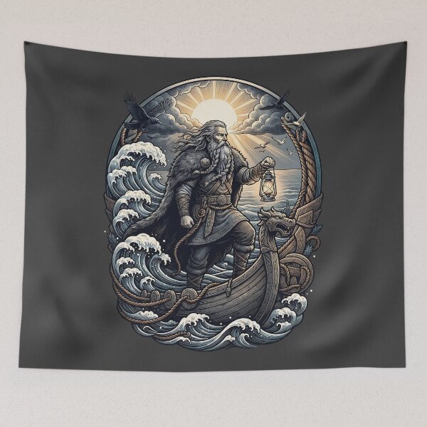 Item preview, Bearded Viking Longship Lantern Dawn Art designed and sold by MythicCotton.