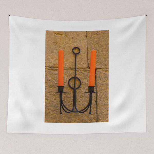 Item preview, Orange Candle Sconce On Stone Wall — Rustic Iron Holder With Twin Candles And Warm Texture designed and sold by Nmallia.