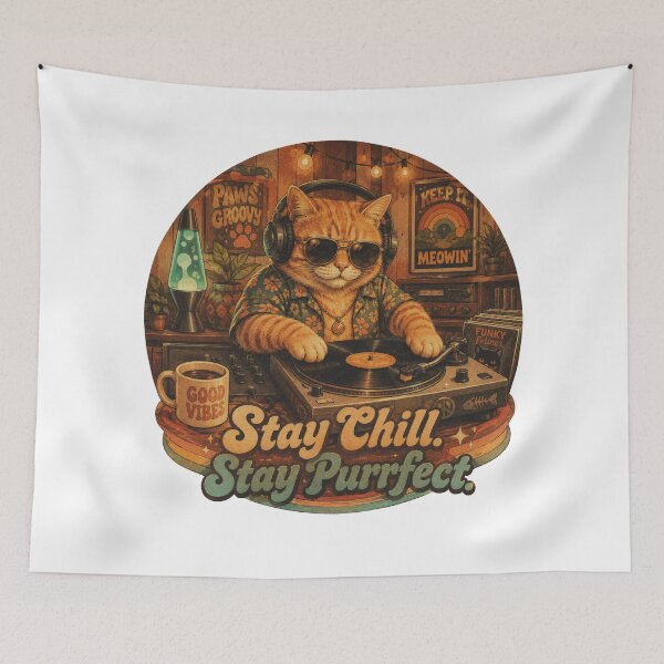 Item preview, Stay Chill Stay Purrfect Cat DJ Retro Estetika designed and sold by olenapetol.