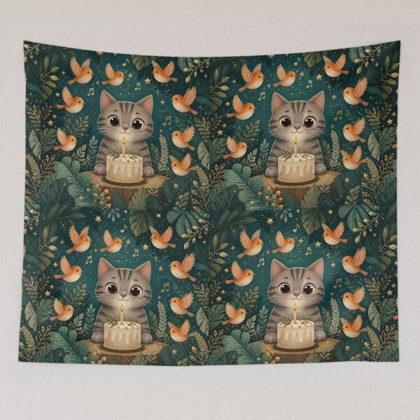 Item preview, Magical Birthday Cat | Cake, Birds and Fairy Forest designed and sold by Natalia-Vlad.