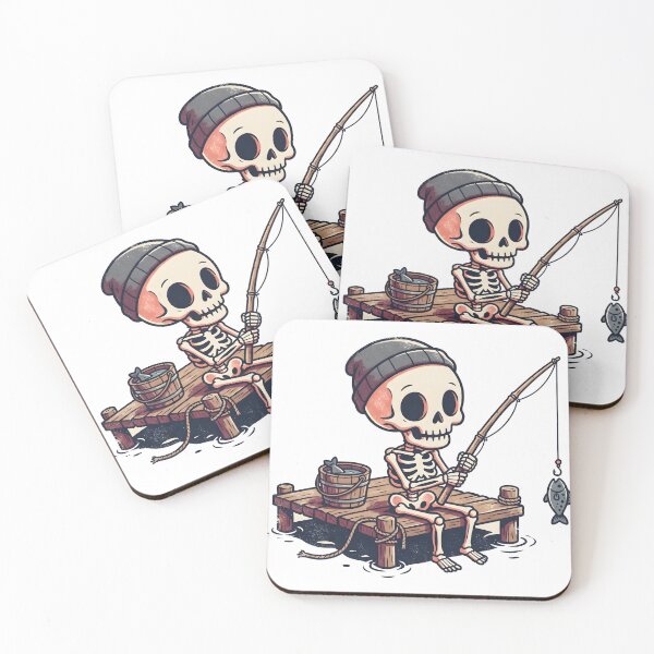 Item preview, Cute Skeleton Sitting on Wooden Dock Fishing with Small Fish on Line designed and sold by MisteryDesigner.