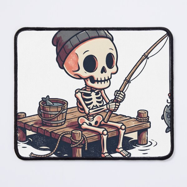 Item preview, Cute Skeleton Sitting on Wooden Dock Fishing with Small Fish on Line designed and sold by MisteryDesigner.