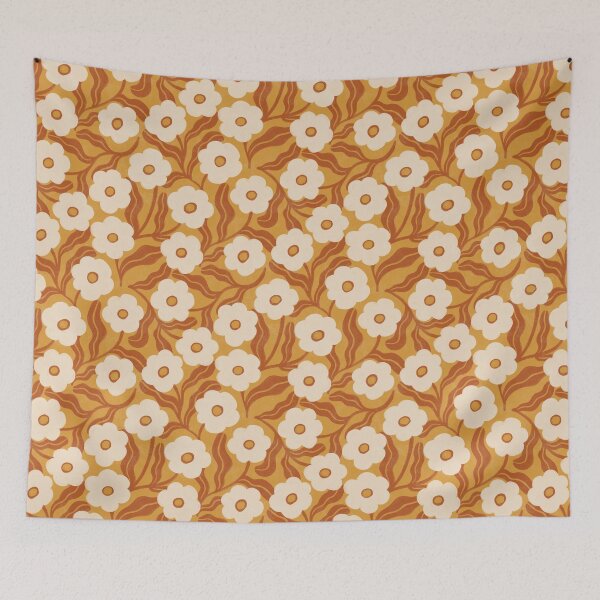 Aperçu de l'œuvre Motif floral marguerite folk dispersée, couleur crème et ocre miel créée et vendue par Illustrated by Nat.