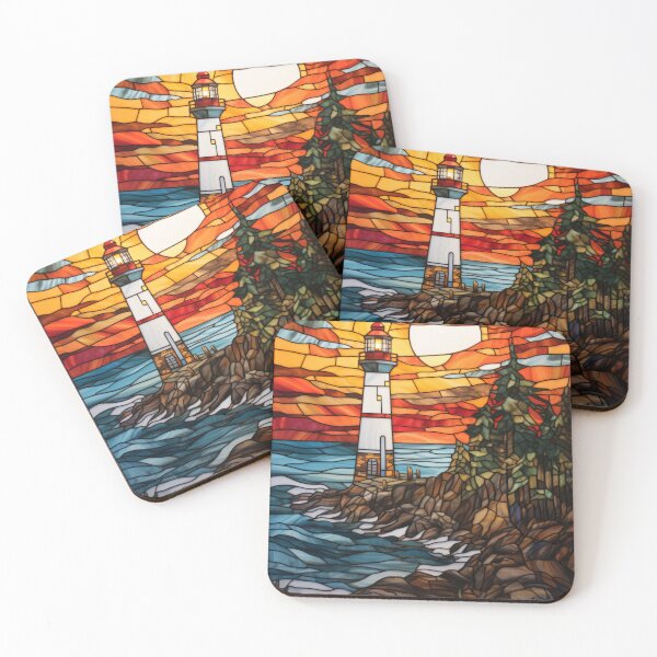 Item preview, Stained Glass Coastal Lighthouse Sunset designed and sold by pinkal.