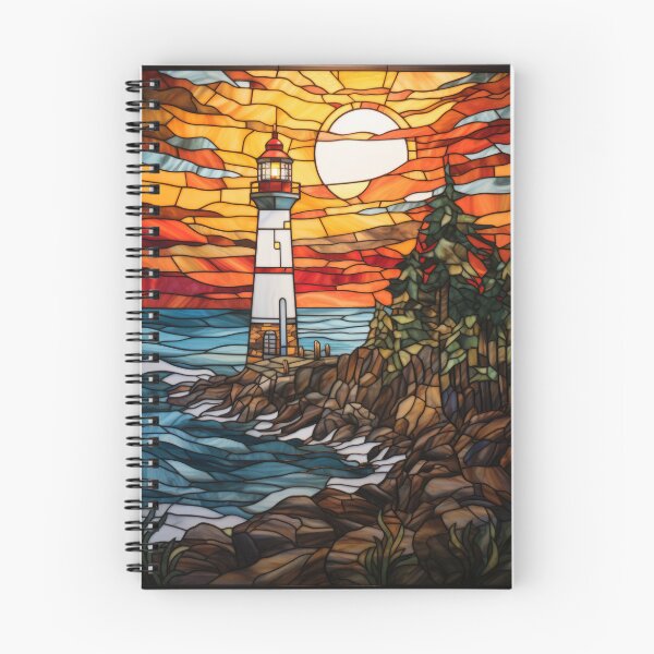 Artikelvorschau, Sonnenuntergang am Küstenleuchtturm mit Buntglas entworfen und verkauft von pinkal.