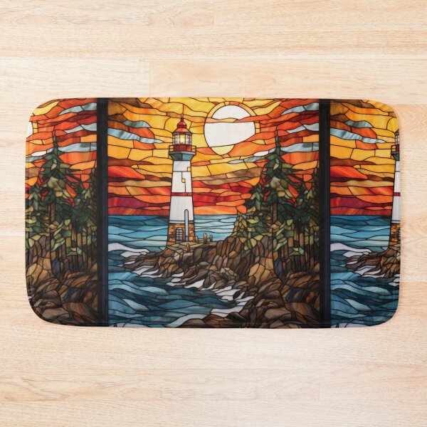 Item preview, Stained Glass Coastal Lighthouse Sunset designed and sold by pinkal.