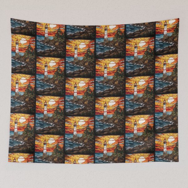 Item preview, Stained Glass Coastal Lighthouse Sunset designed and sold by pinkal.